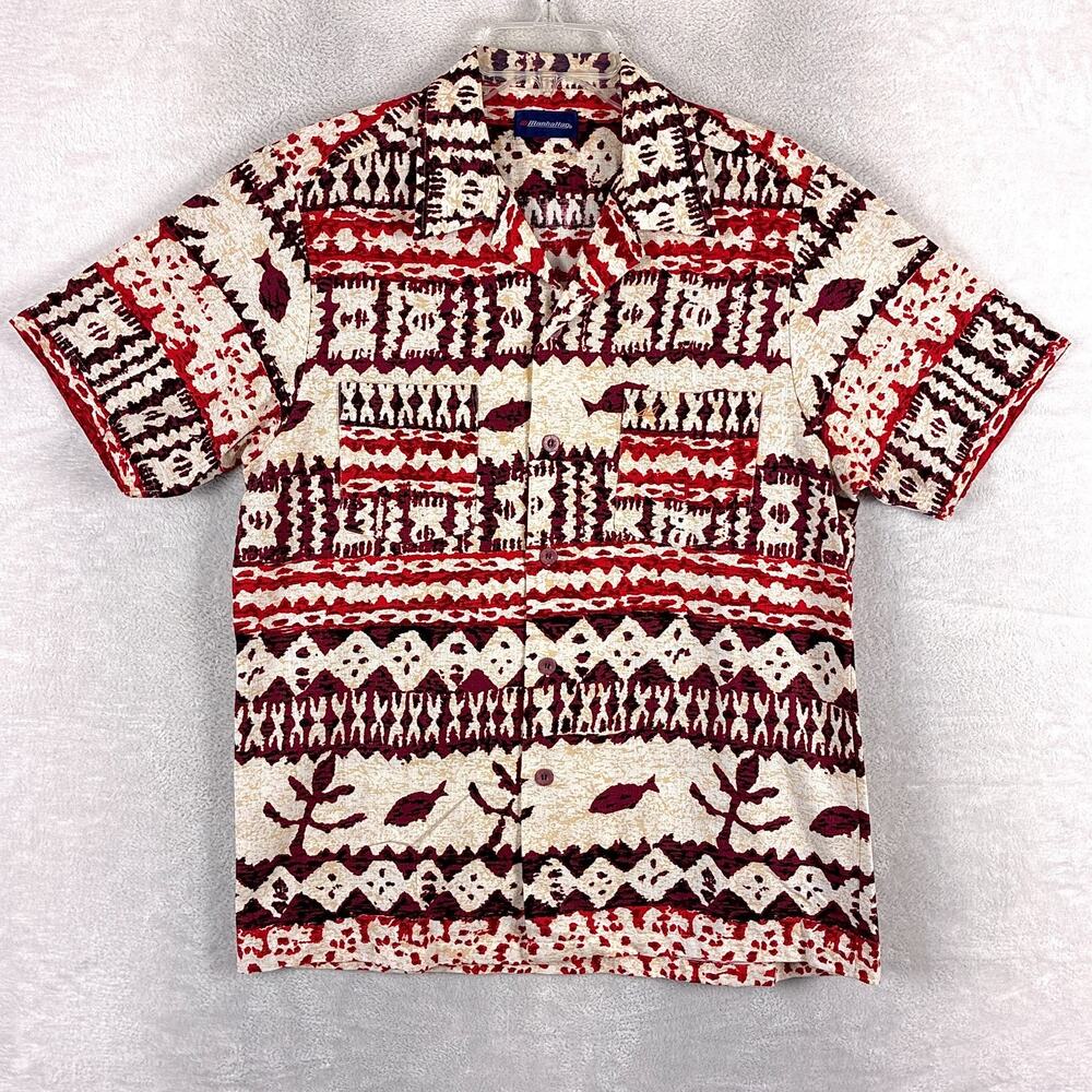 VTG Manhattan Hawaiian Shirt Men L Red Beige Polynesian Barkcloth Aloha Tiki 80s